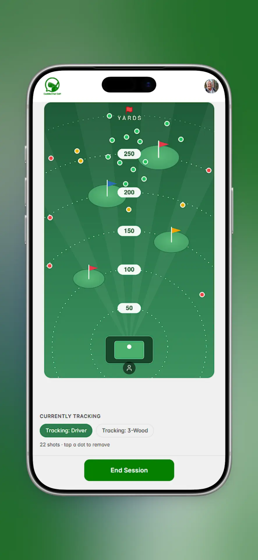 CaddieChat Golf range tracker screen