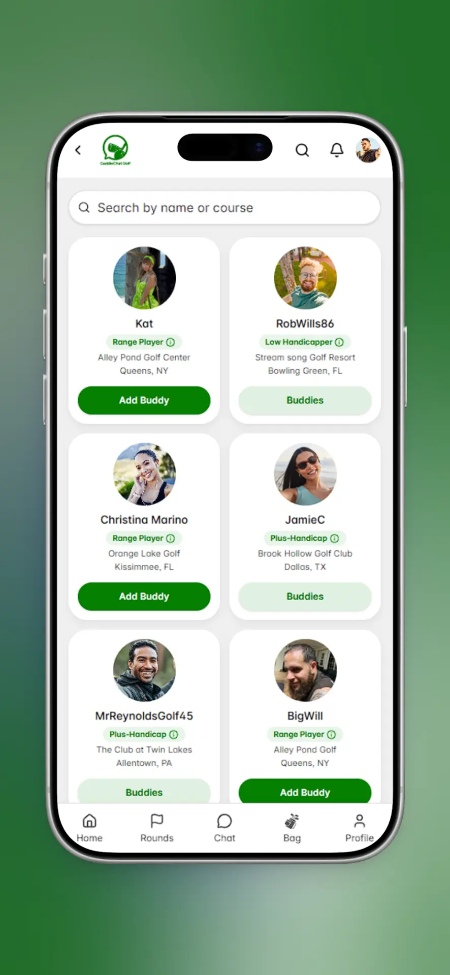 CaddieChat Golf pairings screen