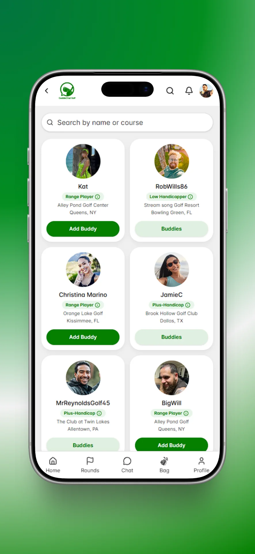 CaddieChat Golf pairings screen