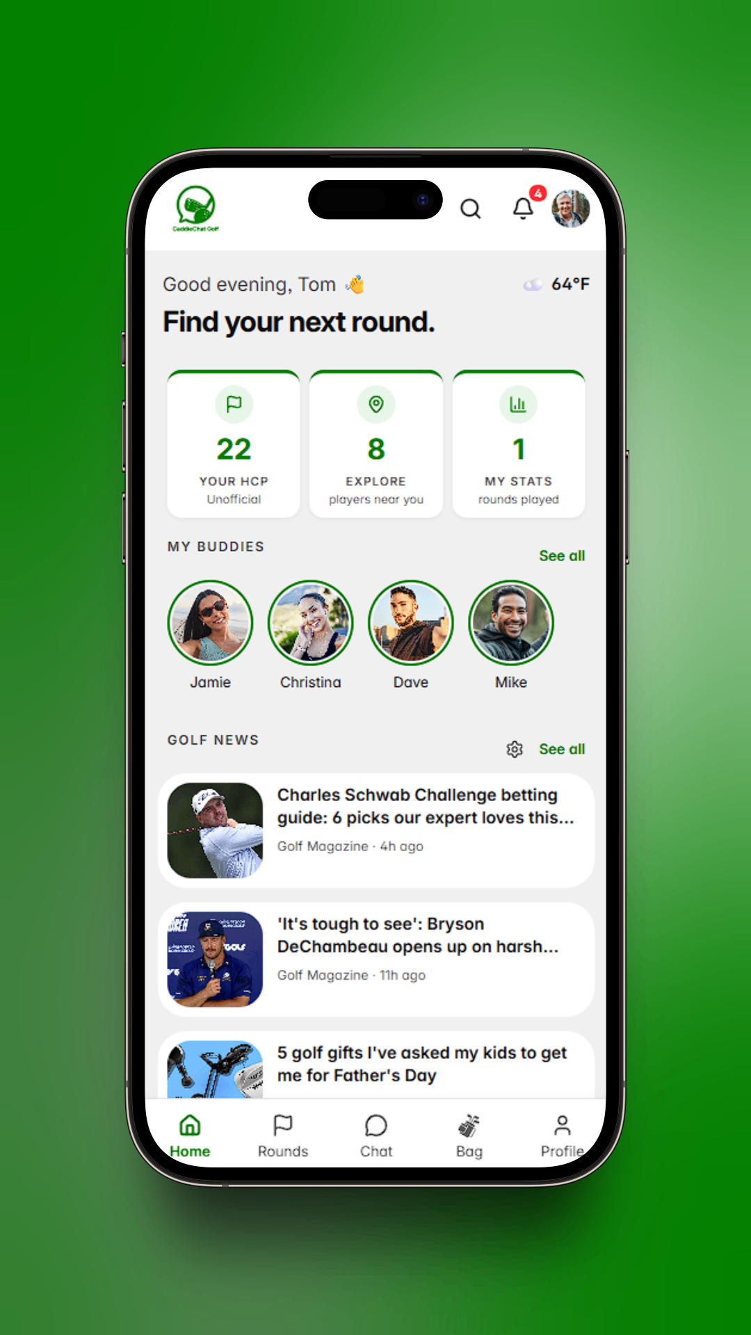 CaddieChat Golf home screen