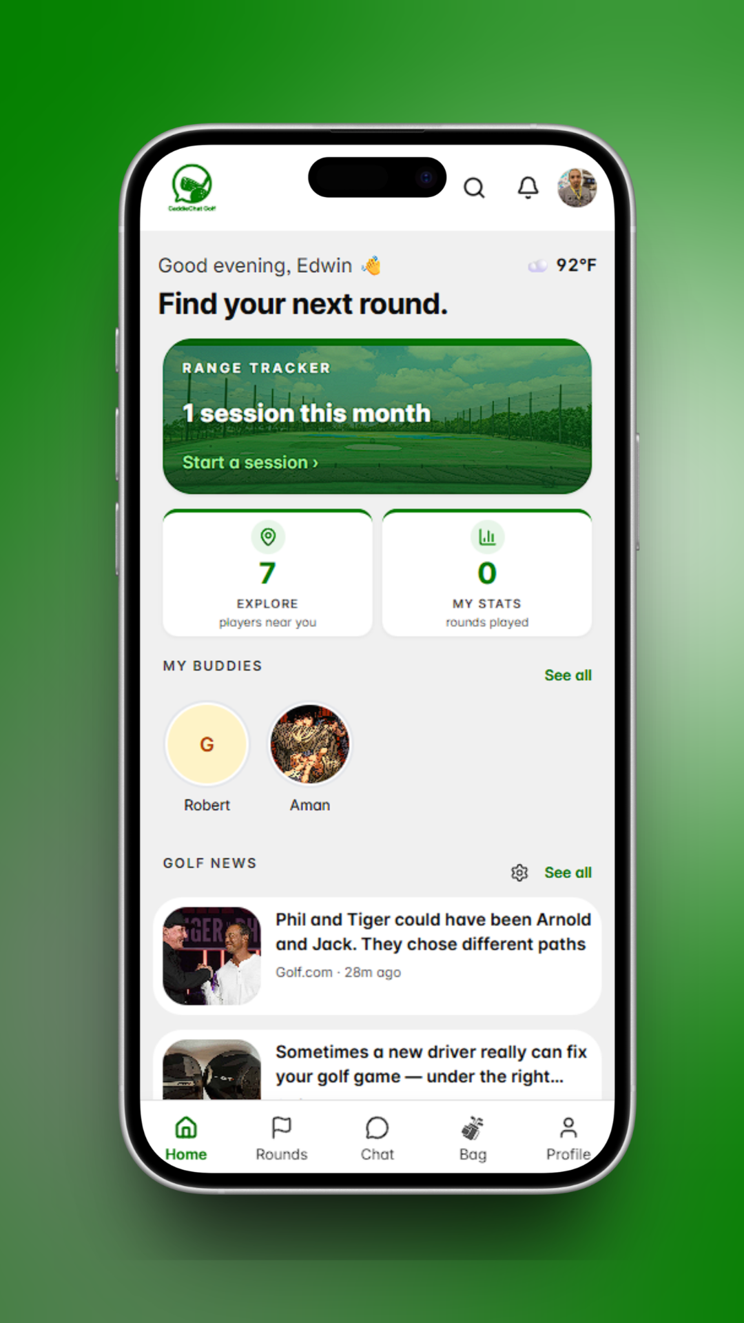 CaddieChat Golf home screen