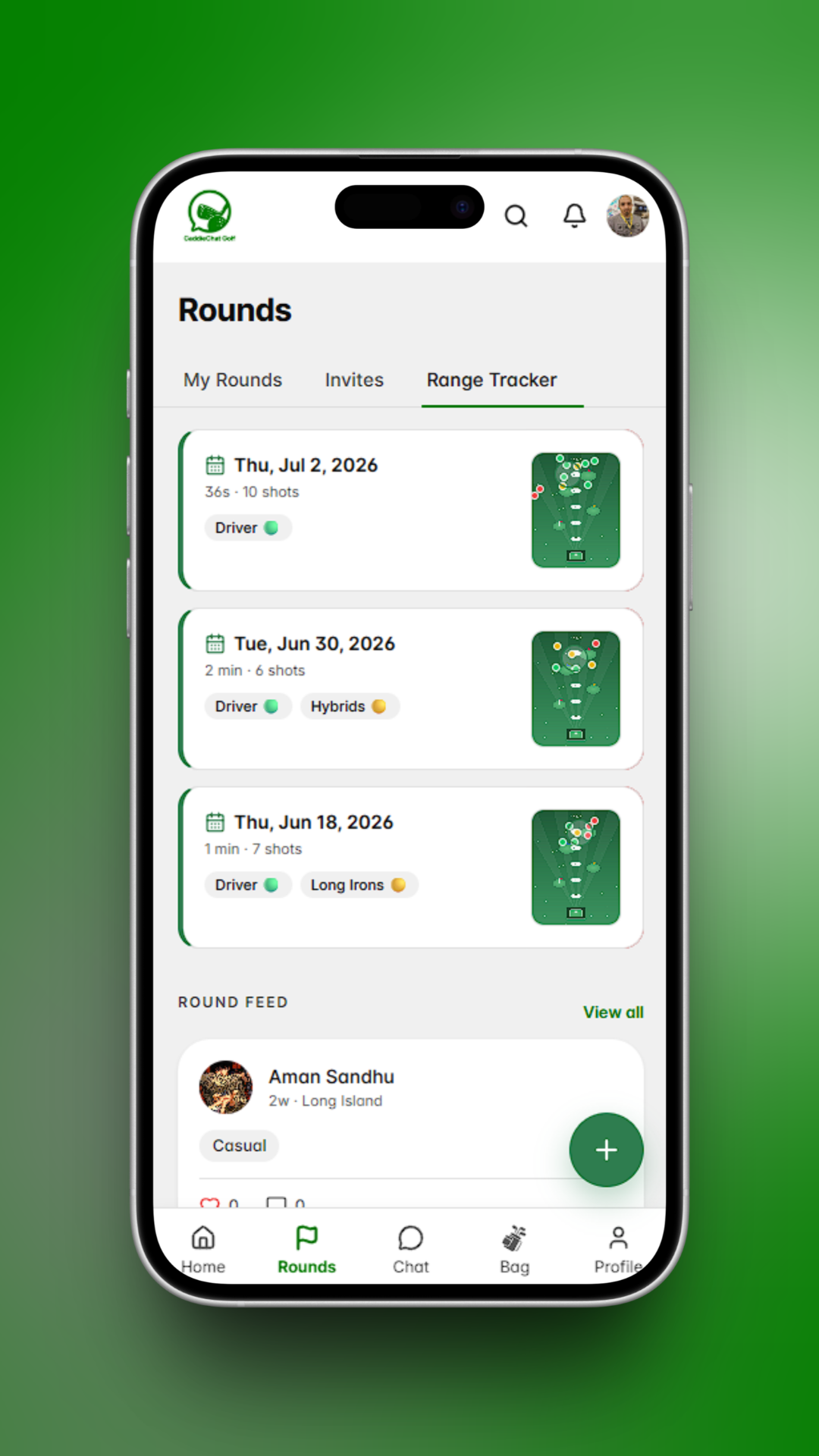 CaddieChat Golf rounds screen